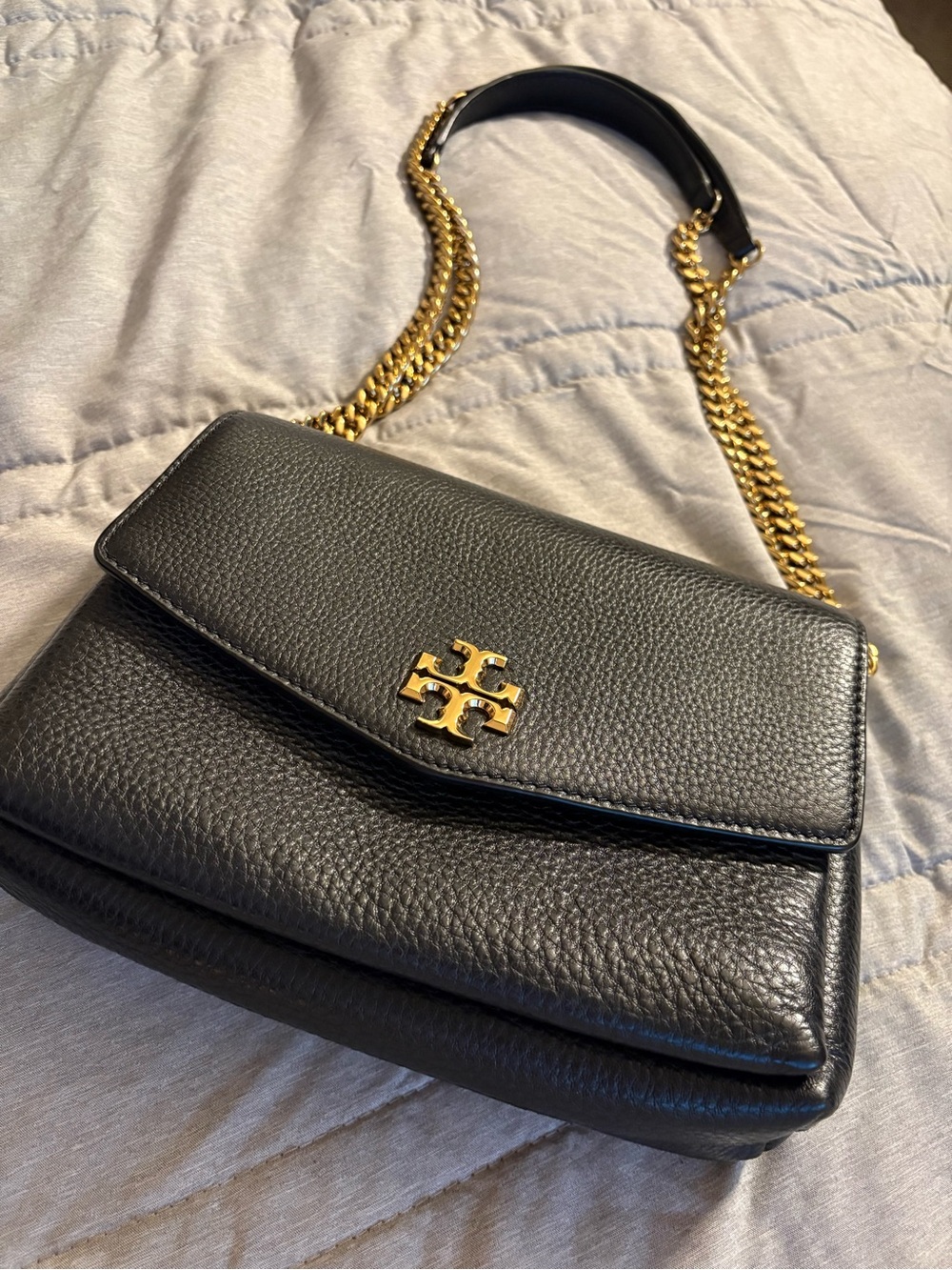 Tory Burch Black Pebbled Leather Crossbody with Gold Chain